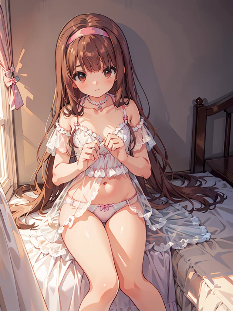 beautiful illustrations, highest quality, pretty girl, 1girl, Bedroom, pastel colour, (two-separated lingerie), reddish brown long hair, headband, cute lingerie, bright lighting
