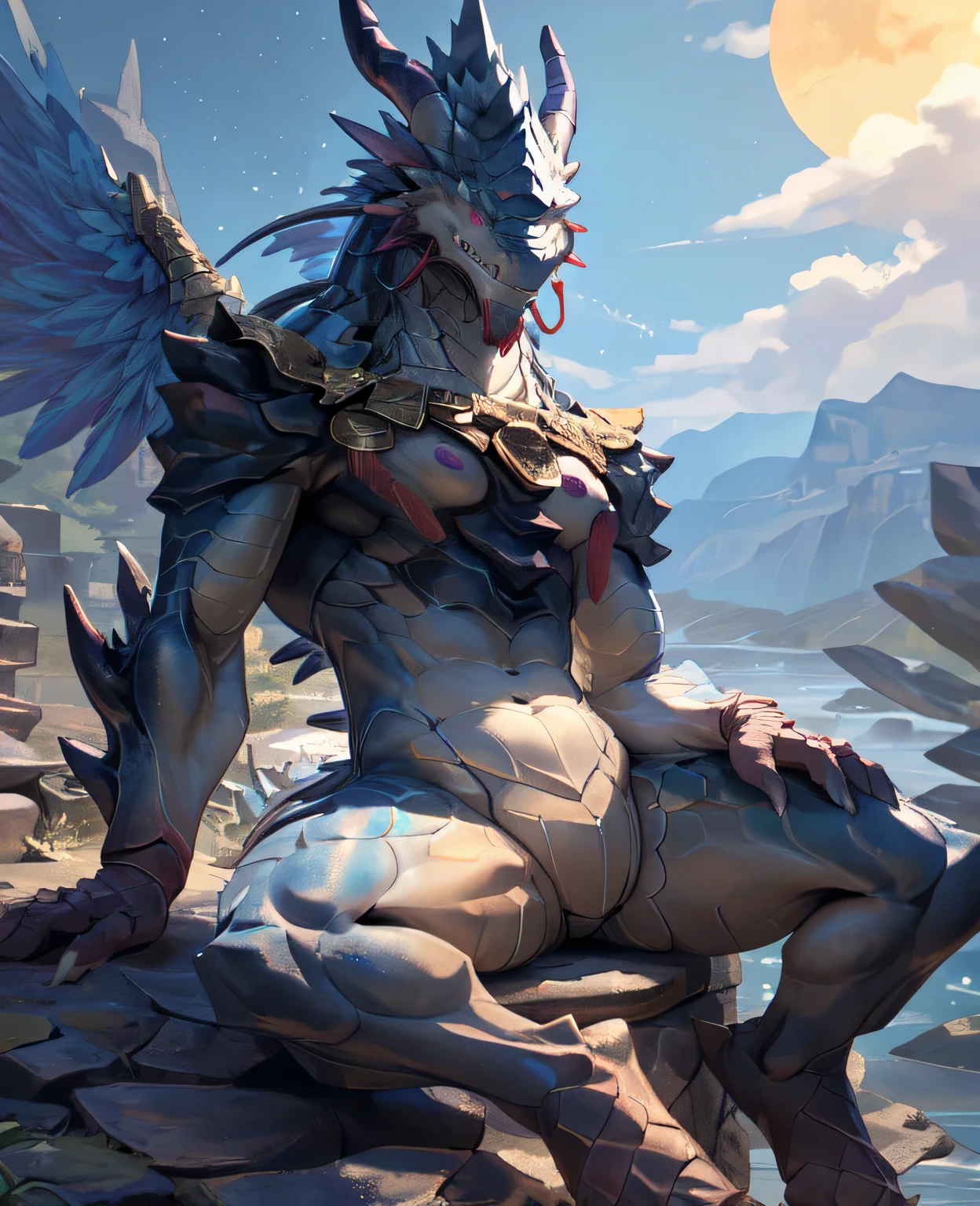 dragon,alone,paw,teeth,crawler,chest muscles, peak, teethAdult,alone,dragon tail,sit down,meditate,4K,best quality,HD,whole body,paw,naked,looking at the audience,chest muscles, pink nipples, Six-pack abs,biceps,pride,soft shadow,majestic,Detailed face,HD eyes,keen vision,eyes sparkling,Gorgeous,brave,confident smile,Strong,Mature,wilderness,ruins,river,Blue sky and white clouds,The sun shines,With wings,With wings