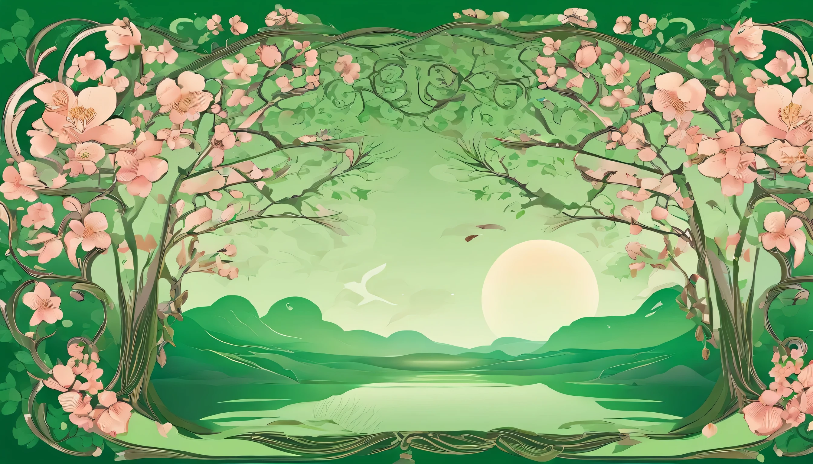 green background,Spring Equinox Season,Willow trees on the shore,peach blossom,look,3d,ultra high definition,ultra high resolution,Numerous elements