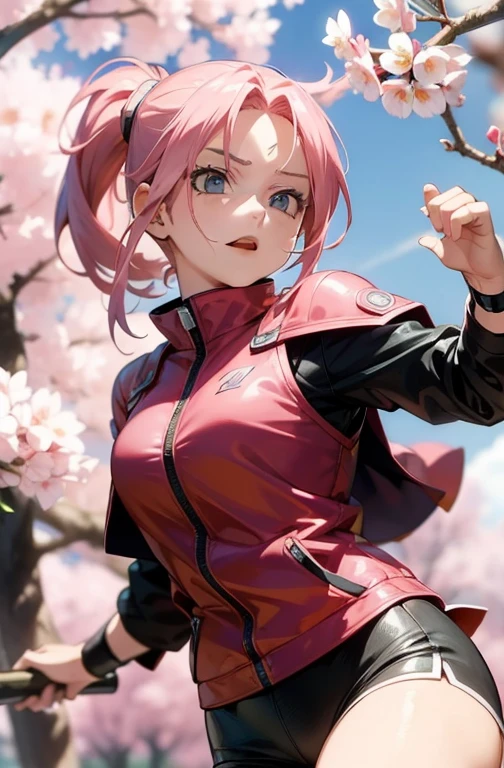 ultra high definition, "haruno sakura", de:"Naruto series", 16 anos, flor de cerejeira, olhos verdes, cabelo rosa, pose de luta, combat face,