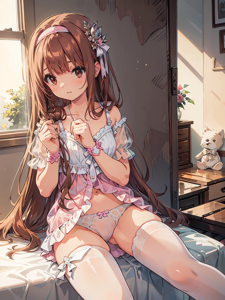beautiful illustrations, highest quality, pretty girl, 1girl, Bedroom, pastel colour, (two-separated lingerie), reddish brown long hair, headband, cute lingerie, bright lighting