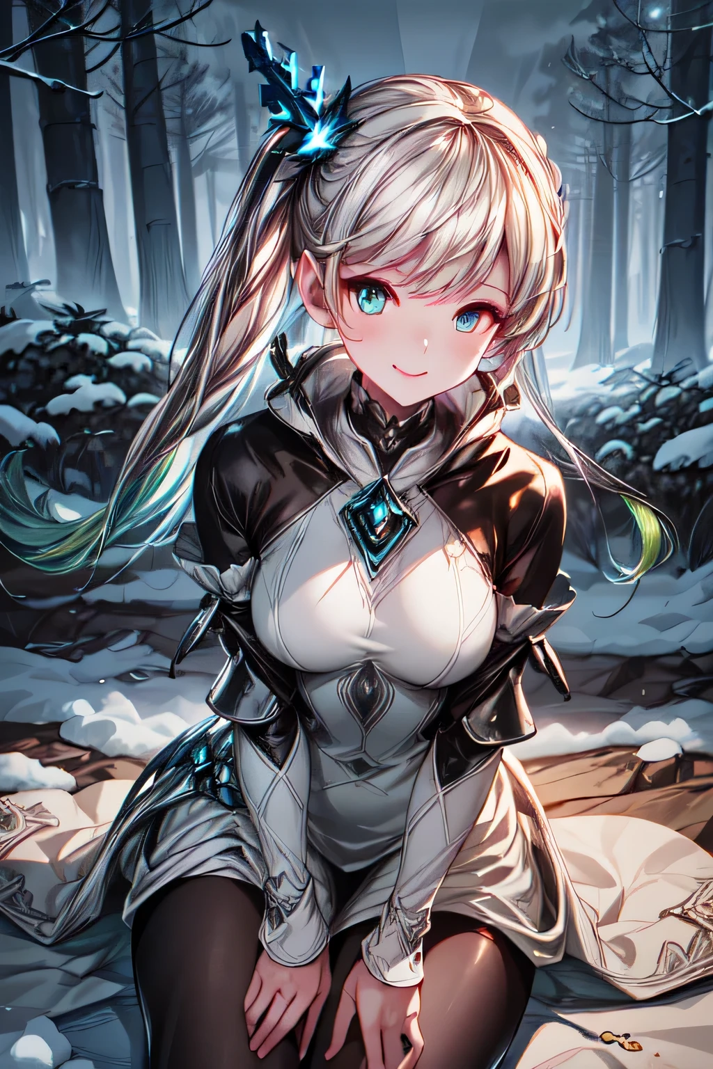 ioeuclase, hair ornament, white dress, black thighhighs, detached sleeves, sitting wariza,grass,sky,smile, wariza,grass,sky,smile, intricate eyes,beautiful detailed eyes,symmetrical eyes,big eyes:1.5, cowboy shot, seductive eyes, sitting, ,intricate eyes,beautiful detailed eyes,symmetrical eyes,big eyes:1.5,(((lustrous skin:1.5,bright skin: 1.5,skin tanned,shiny skin,very shiny skin,shiny body,plastic glitter skin,exaggerated shiny skin,illuminated skin))),(detailed body,(detailed face)), cute, erotic,daring, (((medieval armor,adventurer man armor,winter coat))),(((intricate outfit,intricate clothes, embroidered outfit,ornate outfit,embroidered clothes,ornate armor))), (dynamic pose:1.0),(centered,scale to fit dimensions,Rule of thirds), ((snowy pine forest at night)), with dark stormy clouds,winter,scenery:1.25,((snow forest background)),Christmas tree, highres,sharp focus,(ultra detailed,extremely detailed),(photorealistic artwork:1.37),(extremely detailed CG unity 8k wallpaper),(((vibrant colors,vibrant theme))),(intricate),(masterpiece),(best quality), uniform, dress, pantyhose
