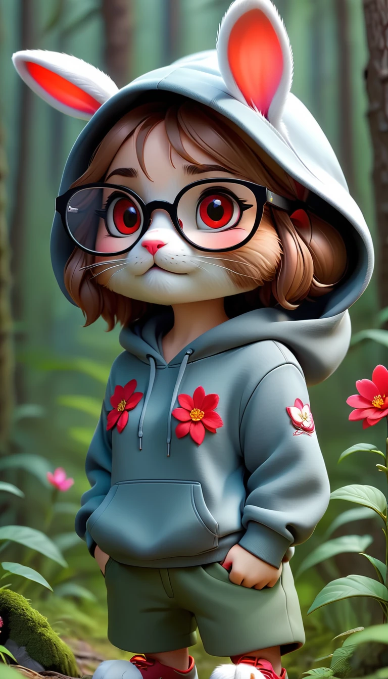 Cute rabbit,hairy,wearing a hoodie,Wearing cute glasses。It is female,Because there is a bright red flower on its head.。Stroll through the forest where various animals live.,, Disney and Pixar style, cute numbers, comic characters, 3D rendering, bright lights, bright colors,High level of image quality、for a great job