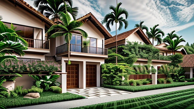 photography, tropical villa, white stucco walls, gable tiled roof, wood column supports, upper level balcony, lush greenery, potted plants, open veranda, overcast sky, wide shot, natural daylight   