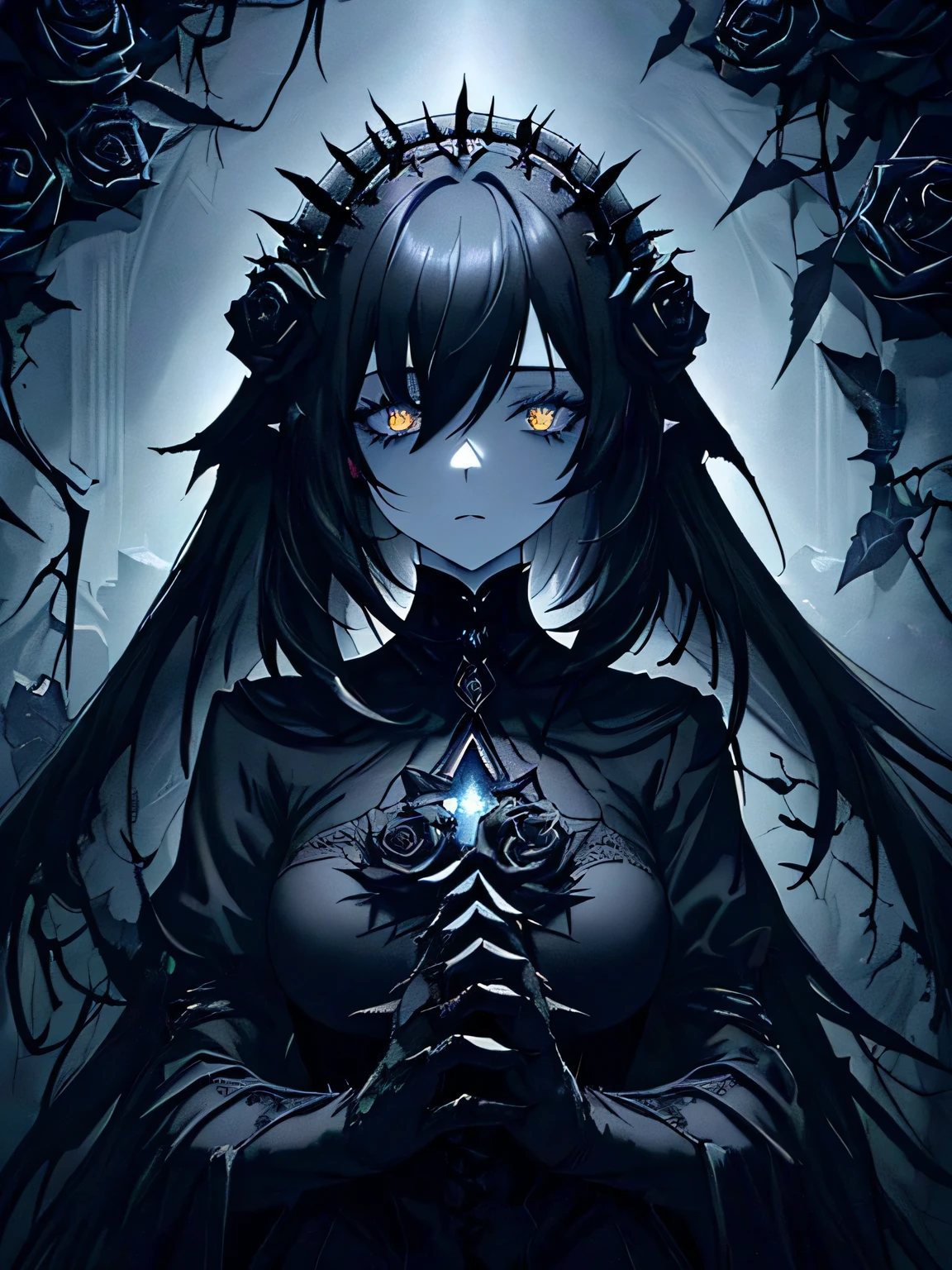 (masterpiece,best quality,ultra-detailed),1girl,pale skin, beautiful,black hair,messy hair, thick hair,black clothes,dark ambient,((monster girl)),(shadow theme),(((black dust theme))),night, starry sky,flowers,dark blue roses