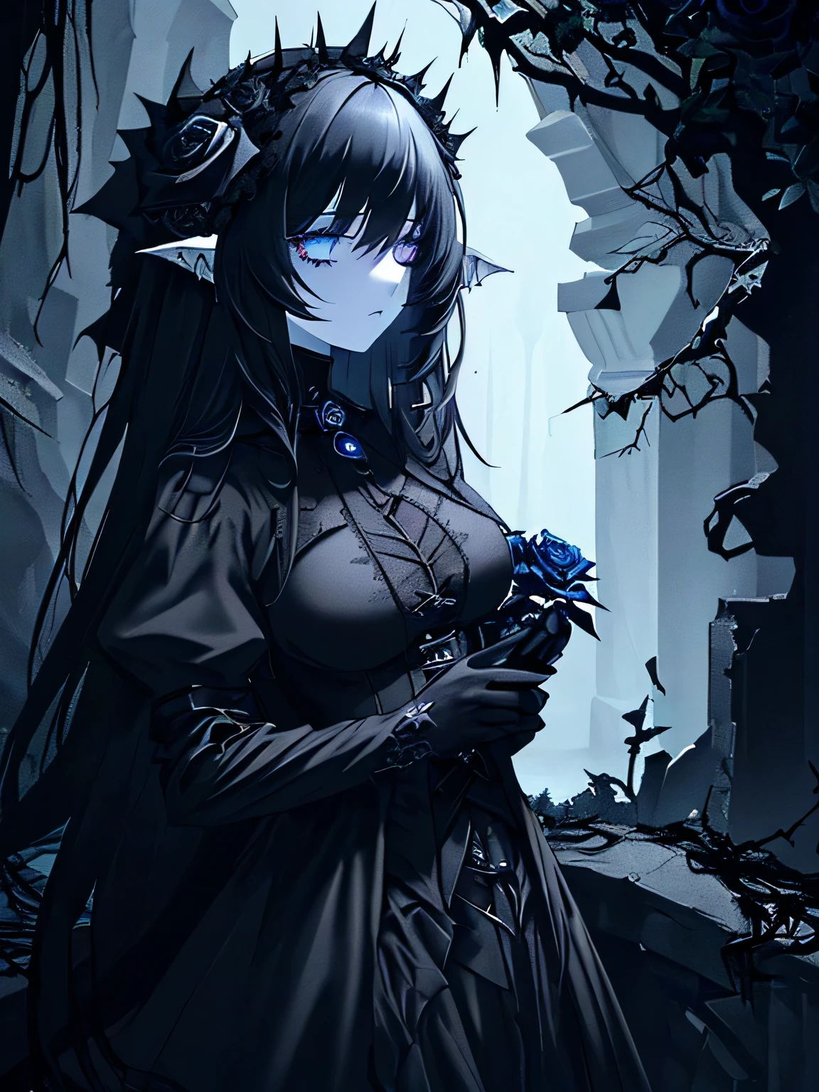 (masterpiece,best quality,ultra-detailed),1girl,pale skin, beautiful,black hair,messy hair, thick hair,black clothes,dark ambient,((monster girl)),(shadow theme),(((black dust theme))),night, starry sky,flowers,dark blue roses