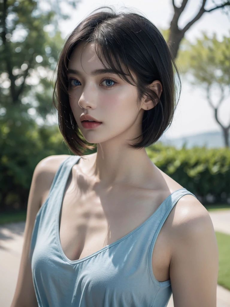 ( masterpiece, top quality, best quality,8k, girl,ultra detailed,raw photo:1.5),(photorealistic:1.4), (short straight hair,bangs, black hair:1.5), (cinematic lighting), PerfectNwsjMajic, , Surrealism, UHD, ccurate, Super detail, textured skin, High detail, Best quality, dynamic angle, (high nose,White skin),[Beautiful blue eyes],[flat chest:large breasts:0.5],(1girl,cool-toned color grading),(good anatomy:0.5)),(outside)