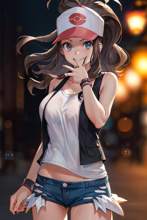 ,centered, award winning upper body portrait, cowboy shot, (looking at viewer:1.2), | solo, smile, def1, | city, urban scenery, city lights,| bokeh, depth of field, cinematic composition, | dynamic pose, black lingerie, sexy, nsfw