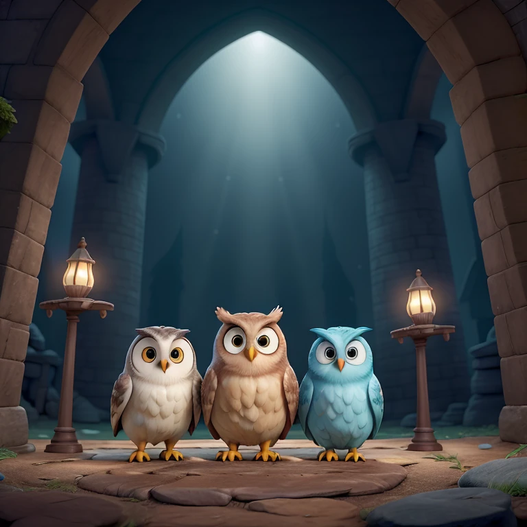 Descreva uma imagem de corujas em estilo de desenho animado com tema de Harry Potter. Owls are represented with clear lines and delicate details, like Disney Pixar&#39;s high-quality animations. Elas possuem penas coloridas e brilhantes, perfectly matching the magical setting of Hogwarts. Owls are posing together on a tree branch, iluminadas pelo luar, while the surrounding scenery portrays an enchanting ambience, repleto de livros antigos e misteriosos. The atmosphere is cozy and magical