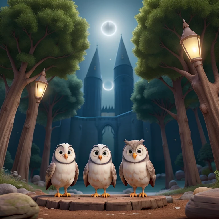 Descreva uma imagem de corujas em estilo de desenho animado com tema de Harry Potter. Owls are represented with clear lines and delicate details, like Disney Pixar&#39;s high-quality animations. Elas possuem penas coloridas e brilhantes, perfectly matching the magical setting of Hogwarts. Owls are posing together on a tree branch, iluminadas pelo luar, while the surrounding scenery portrays an enchanting ambience, repleto de livros antigos e misteriosos. The atmosphere is cozy and magical