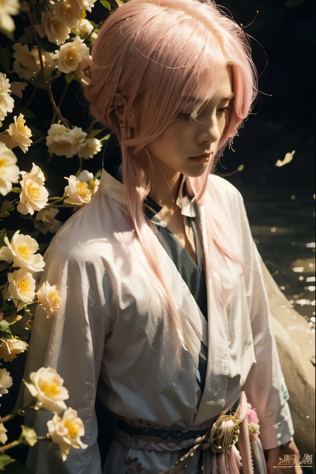 More long pink hair, More long pink hair, More more more long pink hair, make flower is pink too, he wear white kimono