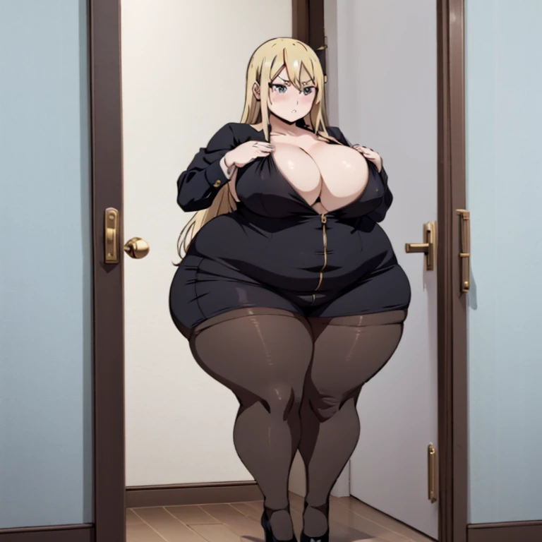 1girl, top-heavy figure, ((((incredibly big chest)))), ((((big tits)))), (((saggy chest))), pout, embarassed, shortstack, short woman, small height, mature, standing, full body, obese, fatty, out of shape, bbw, ssbbw, Hyasaka Ai, blonde hair, blue eyes, very long hair, black bikini, pantyhose, high heels