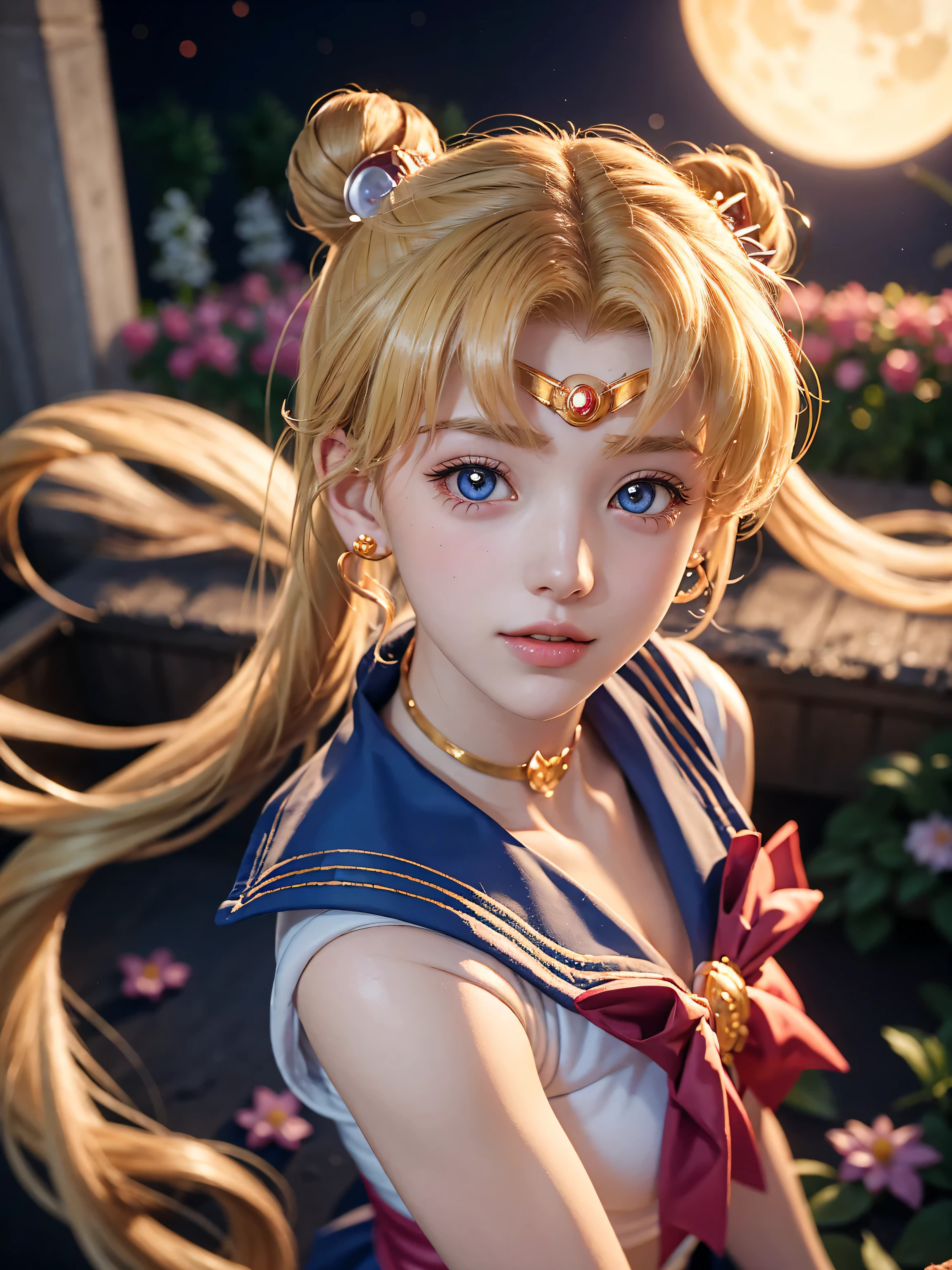 Portrait of Sailor Moon, blonde hair, against a wall full of flowers, bokeh, night sky with a moon, 1 girl, beautiful face, eyes looking at the viewer, tsukino usagi, digital painting, half body shot, dynamic pose