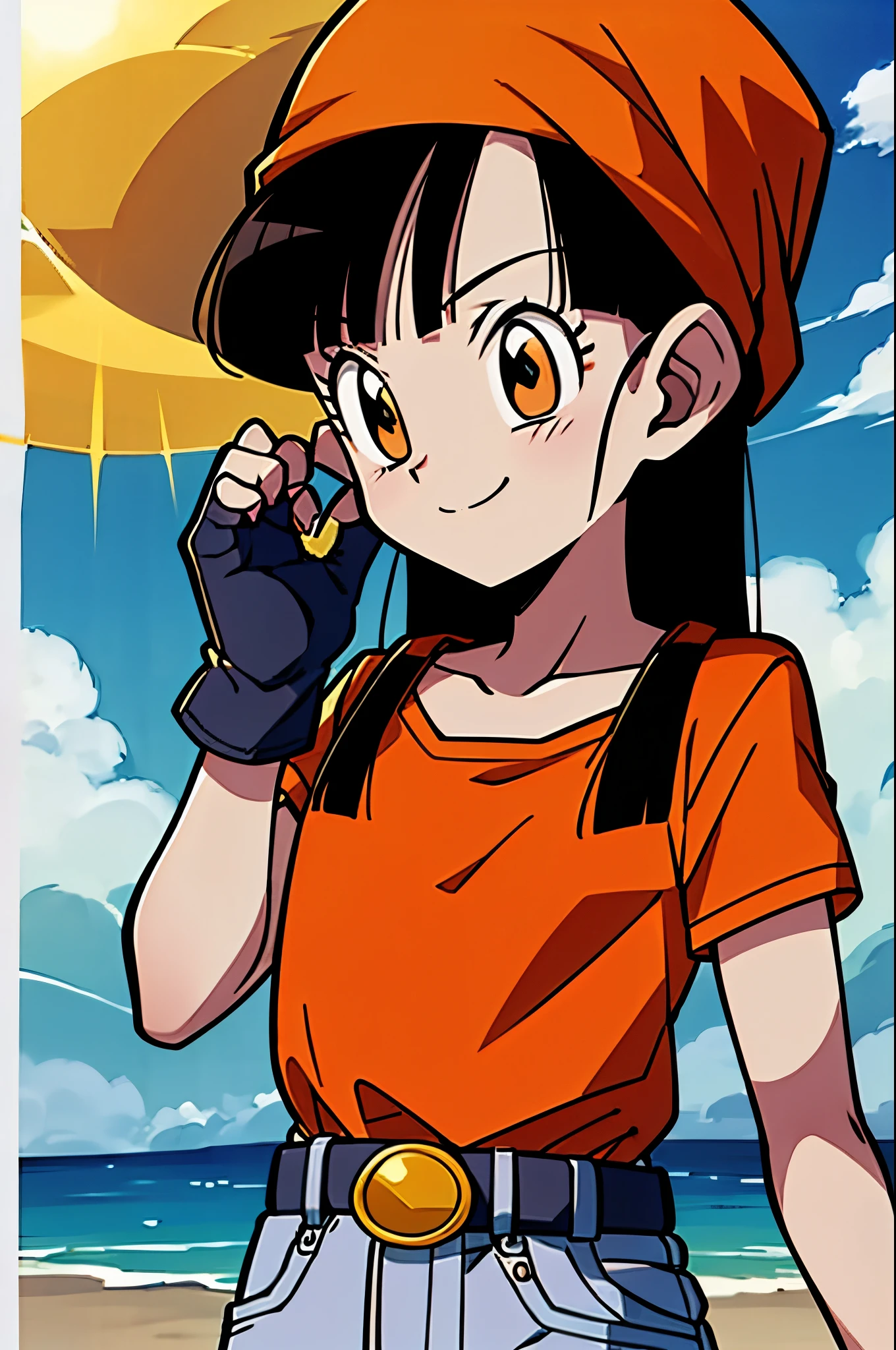 lugar, 1 chica, solo, sonrisa, cabello corto, boca abierta, fondo sencillo, Aire, pelaje negro, guantes, ombligo, mangas cortas, black guantes, Diafragma, belt, Pantalones capri, fingerless guantes, ojos negros, cadena, top corto rojo, black belt, bandana, dientes, lengua, sombreros naranjas, cejas arqueadas, eyelashes, clavos, clavicle, golpes, manos apretadas, nube, cielo azul