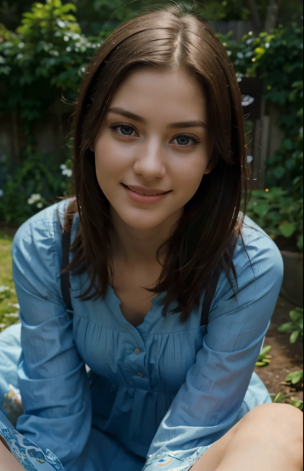 (ultra realistic) , (illustration), (increase resolution), (8K), (extremely detailed), (best illustration), (beautiful detailed eyes), (best quality), (ultra-detailed), (masterpiece), (wallpaper), (detailed face), solo,1 girl, looking at viewers, delicate details, detailed faces, in the dark, deep shadow, low key,pureerosfaceace_v1, happy smile, blue summer dress, full body, sitting on the ground, garden
