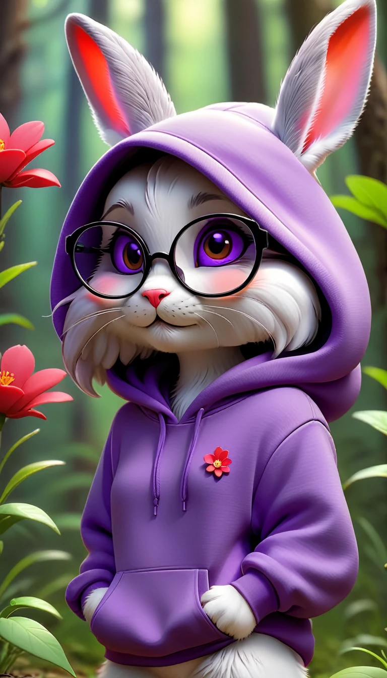 Cute rabbit,hairy,Wearing a purple hoodie,Wearing cute glasses。It is female,Because there is a bright red flower on its head.。Stroll through the forest where various animals live.,, Disney and Pixar style, cute numbers, comic characters, 3D rendering, bright lights, bright colors,High level of image quality、for a great job