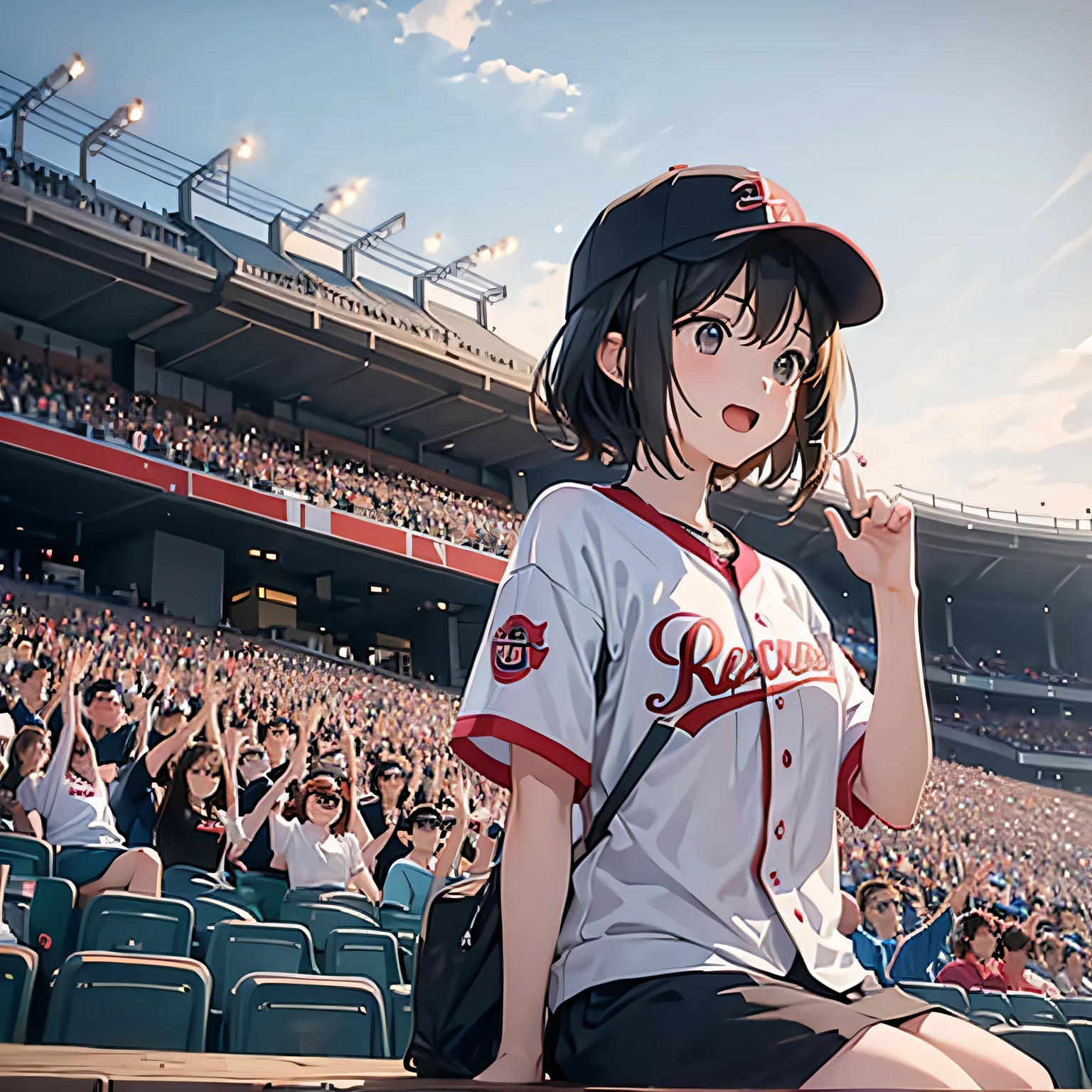 girl、Landscape、Modern baseball stadium seating、Raise your hand and rejoice、many spectators around、（Baseball Scoreboard）