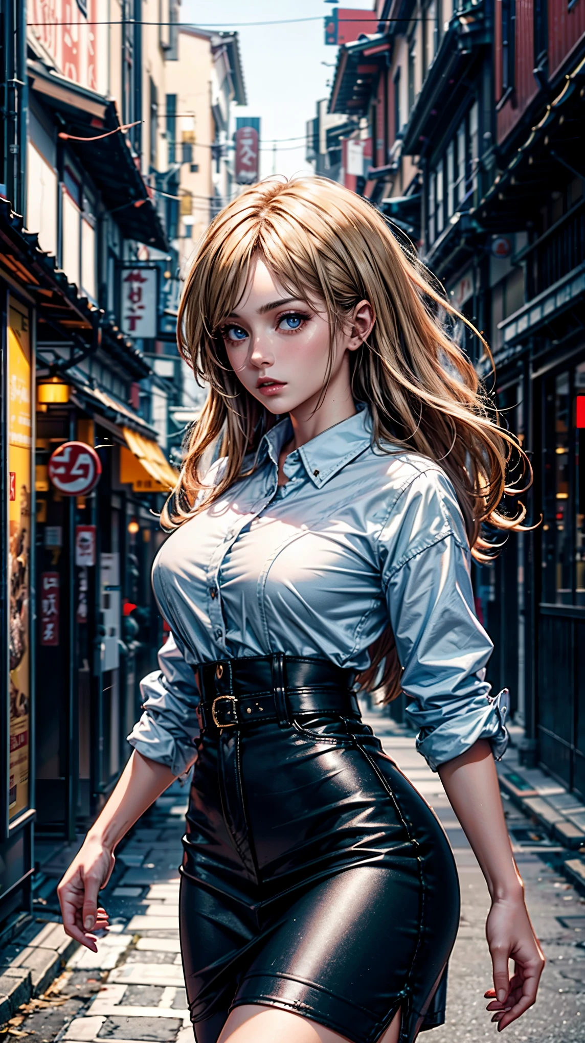 Bustling urban streets of Japan (1 woman: 1.4), (Only one woman on screen: 1.3), (White shirt), (Long golden hair), (hip wrap skirt), (Blue Eyes) Part screen upper body, 8K HDR super realistic photographic cinematic image, Magic photography, super detailed, (ultra detailed), (Best quality, super high quality image, masterpiece), female focus, Standard lens, (golden hour lighting) , dramatic lighting, (ray tracing:1.2), 8K, HD, Intricate details (gradients), Full cinematics, colorful, key visual, highly detailed, Hyper realistic (highly detailed background, detailed landscape), RAW, octane rendering,