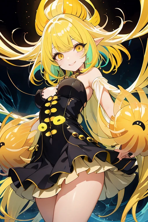 1 female、A female reincarnation of a sea anemone、detailed face、Yellow glowing eyes、Yellow and black multi-colored hair、Vivid warning color costume、soft body、flexible body、perfect proportions、Thick hair like a sea anemone、close up shot, Bewitching atmosphere、dark fantasy、　smile　, focus on glossy tighs, tighjob