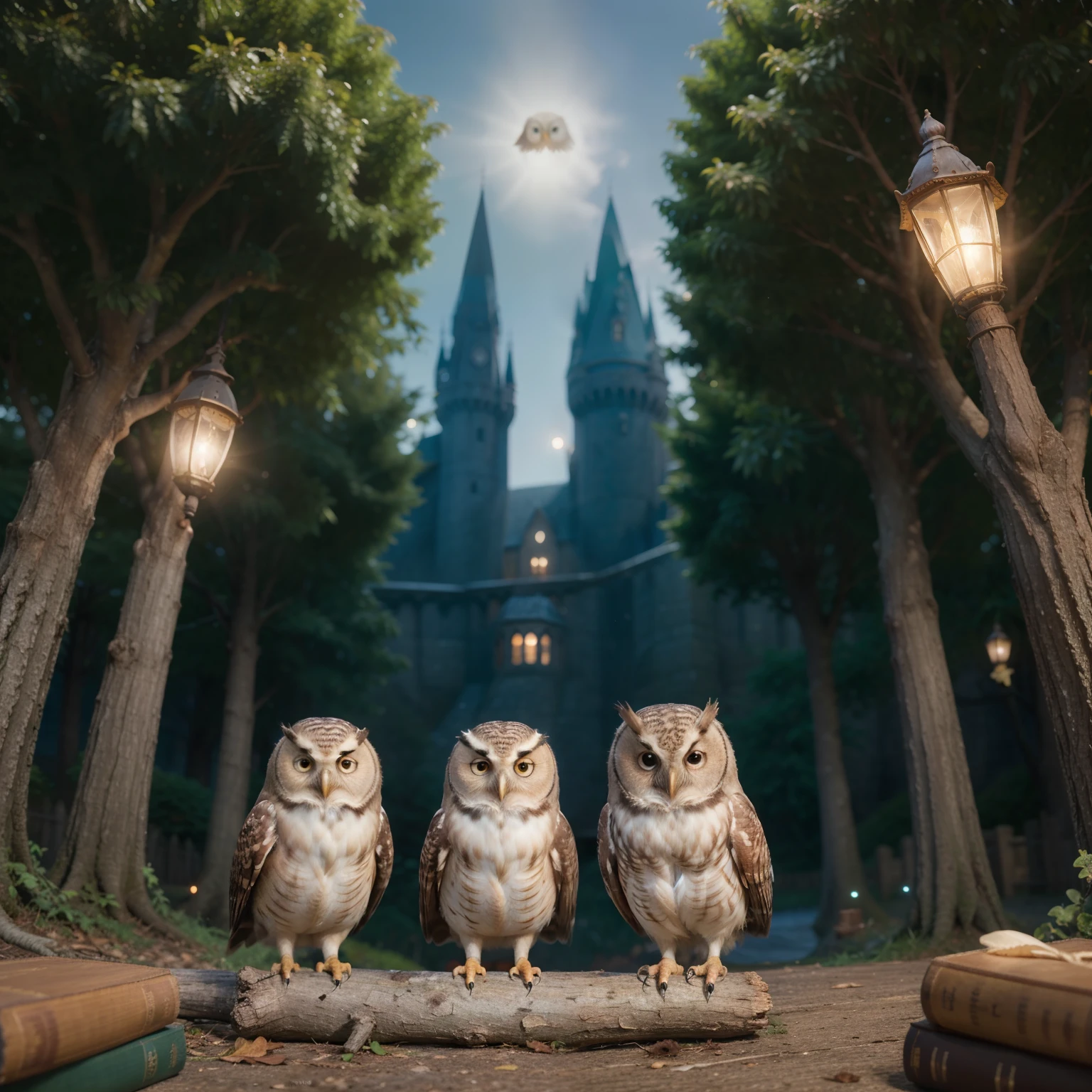 Descreva uma imagem de 7 corujas em estilo de desenho animado com tema de Harry Potter. Owls are represented with clear lines and delicate details, like Disney Pixar's high-quality animations. Elas possuem penas coloridas e brilhantes, perfectly matching the magical setting of Hogwarts. Owls are posing together on a tree branch, iluminadas pelo luar, while the surrounding scenery portrays an enchanting ambience, repleto de livros antigos e misteriosos. The atmosphere is cozy and magical