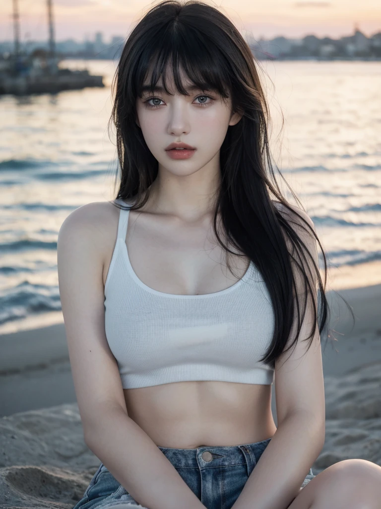 ( masterpiece, top quality, best quality,8k, girl,ultra detailed,raw photo:1.5),(photorealistic:1.4), (bangs, black hair:1.5), (cinematic lighting), PerfectNwsjMajic, , Surrealism, UHD, ccurate, Super detail, textured skin, High detail, Best quality, dynamic angle, (high nose,White skin),[Beautiful blue eyes],[flat chest:large breasts:0.5],(1girl,cool-toned color grading),(good anatomy:0.5)),(outside)