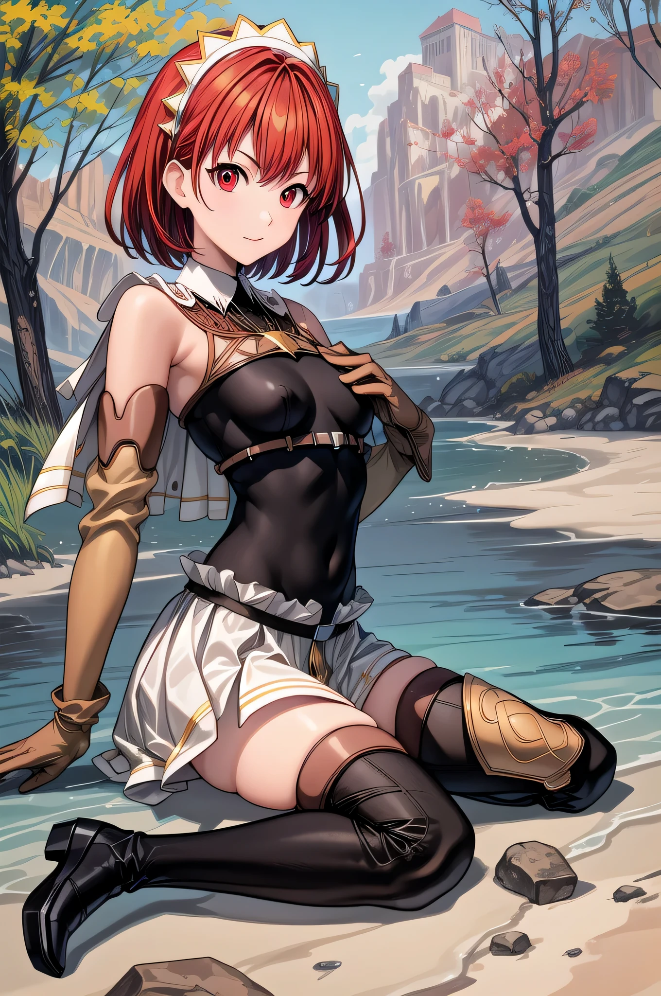 Cecily Campbell, 1girl, solo, red hair, red eyes, short hair, headdress, small breasts, serious, bodysuit, skirt, collar, single shoulder pad, elbow gloves, black thighhighs, boots, greaves, outdoors, masterpiece , sitting, intricate eyes,beautiful detailed eyes,symmetrical eyes,big eyes:1.5,,(((vibrant colors,vibrant theme))),(intricate),(masterpiece),(best quality),