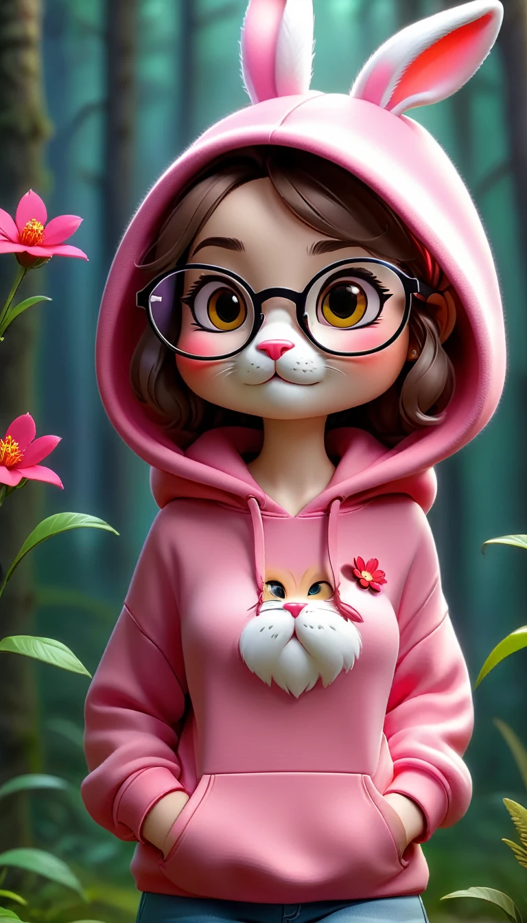 Cute rabbit,hairy,Wearing a pink hoodie,Wearing cute glasses。It is female,Because there is a bright red flower on its head.。Stroll through the forest where various animals live.,, Disney and Pixar style, cute numbers, Cartoon characters, 3D rendering, bright lights, bright colors,high level of image quality、for a great job