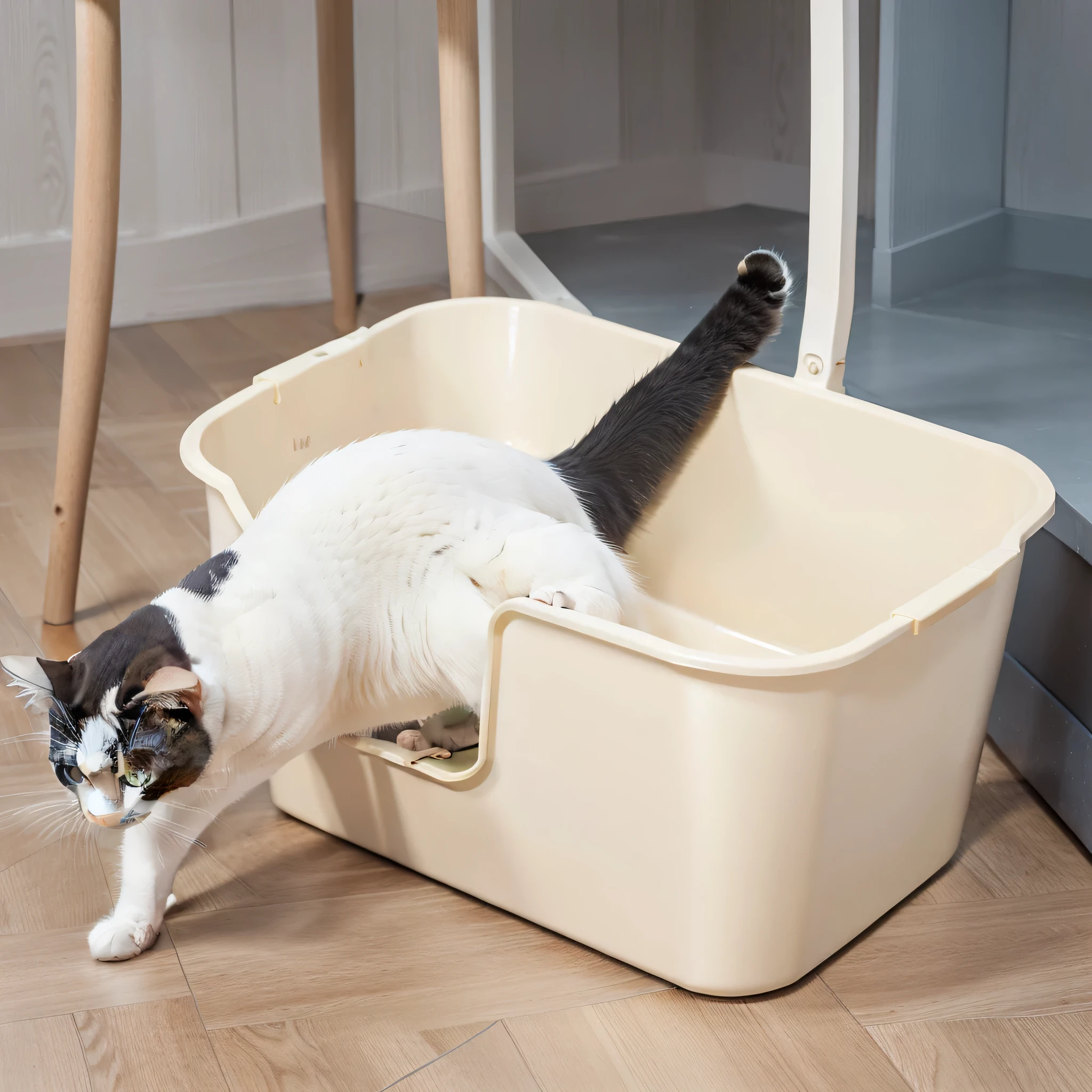 there is a Cat that is standing in a litter box, There&#39;s a full bedpan next to him, !!!! Cat!!!!, [ Realistic photos ]!!, Handsome, pet, a Handsome, animal, the photo shows a big one, a Cat, beast, very fashionable, a big one, Basic photos, Cat, very, actual, there is nothing，Cat comes out of the litter box，wooden floor，home environment，Warm，Hyper-realistic scenes，Sense of luxury，product photo
