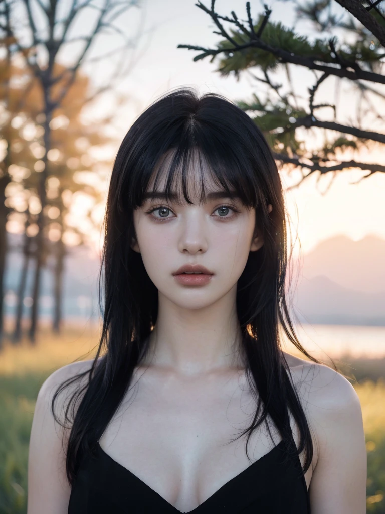 ( masterpiece, top quality, best quality,8k,17 years old girl,ultra detailed,raw photo:1.5),(photorealistic:1.4), (bangs, black hair:1.5), (cinematic lighting), PerfectNwsjMajic, , Surrealism, UHD, ccurate, Super detail, textured skin, High detail, Best quality, dynamic angle, (high nose,White skin),[Beautiful blue eyes],[flat chest:large breasts:0.5],(1girl,cool-toned color grading),(good anatomy:0.5)),(outside)