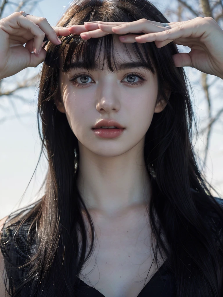 ( masterpiece, top quality, best quality,8k, girl,ultra detailed,raw photo:1.5),(photorealistic:1.4), (bangs, black hair:1.5), (cinematic lighting), PerfectNwsjMajic, , Surrealism, UHD, ccurate, Super detail, textured skin, High detail, Best quality, dynamic angle, (high nose,White skin),[Beautiful blue eyes],[flat chest:large breasts:0.5],(1girl,cool-toned color grading),(good anatomy:0.5)),(outside)