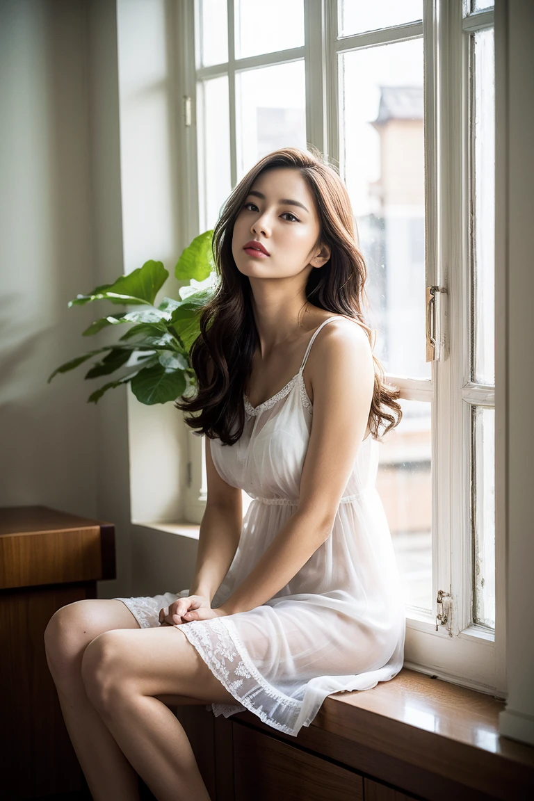 dark brown hair、light brown eyes、Japanese actress face、 lady、I'Iは彼とIが好きです'I'Iは40歳くらいです.、(intricate details:1.2)、(which one is the top?:1.4)、 (ultra high resolution:1.2)、ultra high resolution、(finely tuned)、(detailed facial features)、nffsw、8K resolution、D cup size breasts、long hair、big window、luxurious space、relax、、,full body photo、head to toe shot、beautiful feet、camisole dress、beautiful feet、A refreshing room full of sunlight、she, household items, (plant:0.8), center of fashion, extreme details, very detailed, realistic, hourglass body, obscene pose,、、I cry a lot、tears、person on the left、white wall、white floor、diagonally from below、raise your chin、put your butt against the wall、relaxした表情、Pose of Weakness、(auraroid photo:1.2)、from outside the window、Transparent painting masterpiece、8K、32k、highest quality、(Details of both eyes)、1 girl、elegant、(loose dress :1.4)、sunset、sit、(Low - Angle、I look up and see this:1.2)、Hilarious、leaning against the wall、look at the camera、