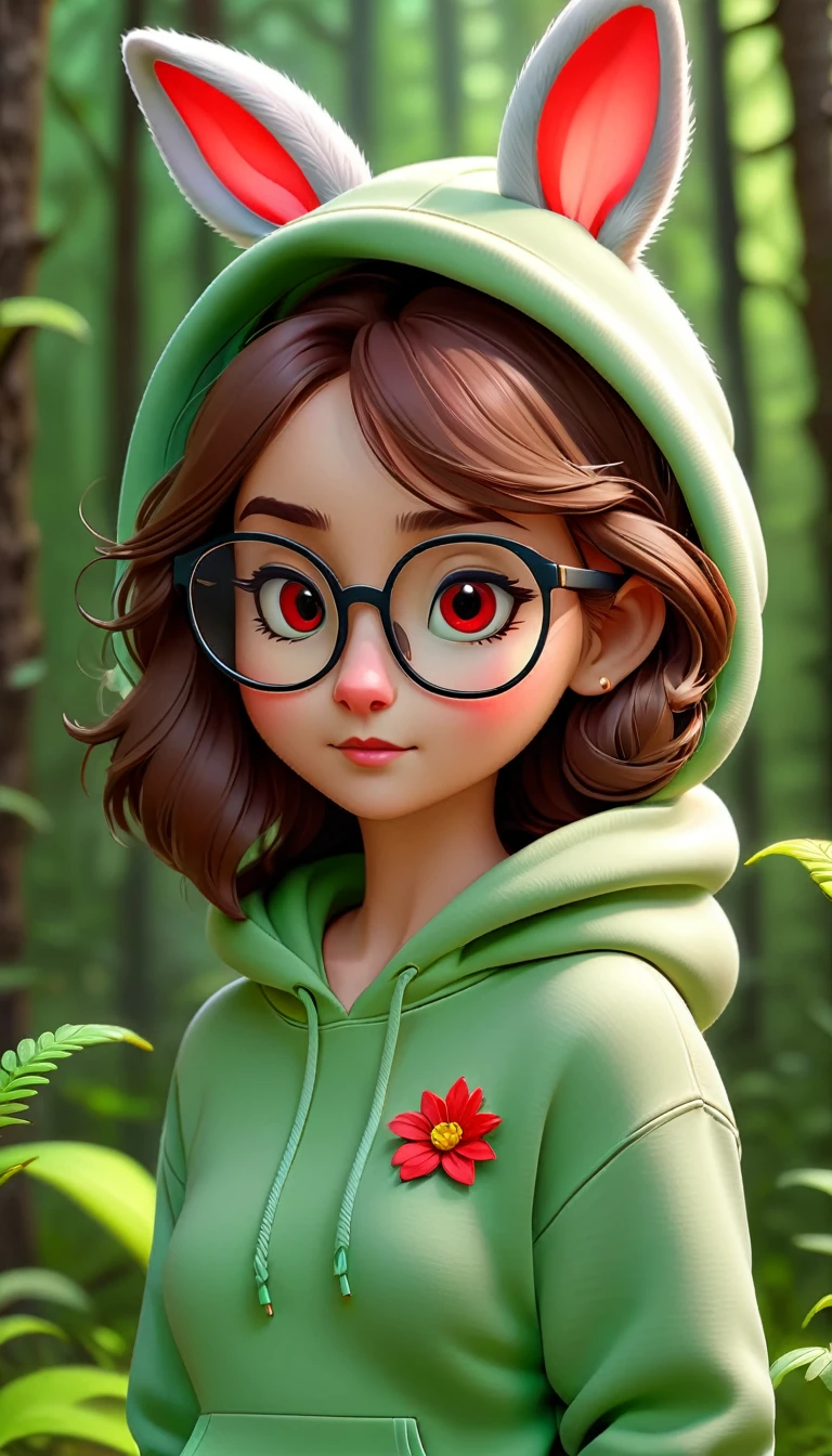 Cute rabbit,hairy,Wearing a light green hoodie,Wearing cute glasses。It is female,Because there is a bright red flower on its head.。Stroll through the forest where various animals live.,, Disney and Pixar style, cute numbers, comic characters, 3D rendering, bright lights, bright colors,High level of image quality、for a great job