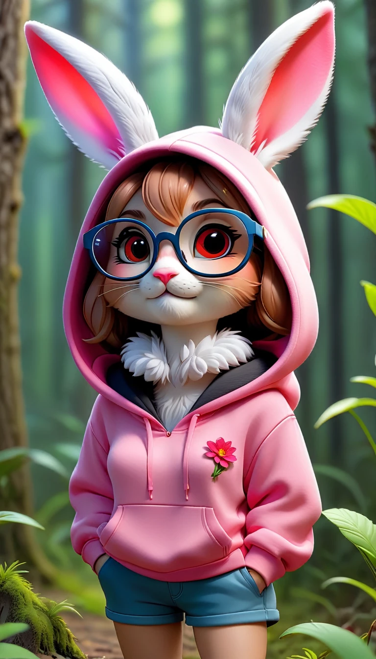 Cute rabbit，hairy，Wearing a pink hoodie,Wearing cute glasses。It is female，Because there is a bright red flower on its head.。Stroll through the forest where various animals live.,, Disney and Pixar style, cute numbers, comic characters, 3D rendering, bright lights, bright colors,High level of image quality、for a great job