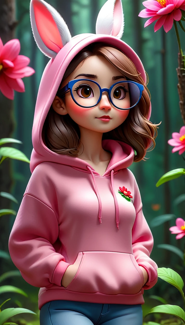Cute rabbit，hairy，Wearing a pink hoodie,Wearing cute glasses。It is female，Because there is a bright red flower on its head.。Stroll through the forest where various animals live.,, Disney and Pixar style, cute numbers, comic characters, 3D rendering, bright lights, bright colors,High level of image quality、for a great job