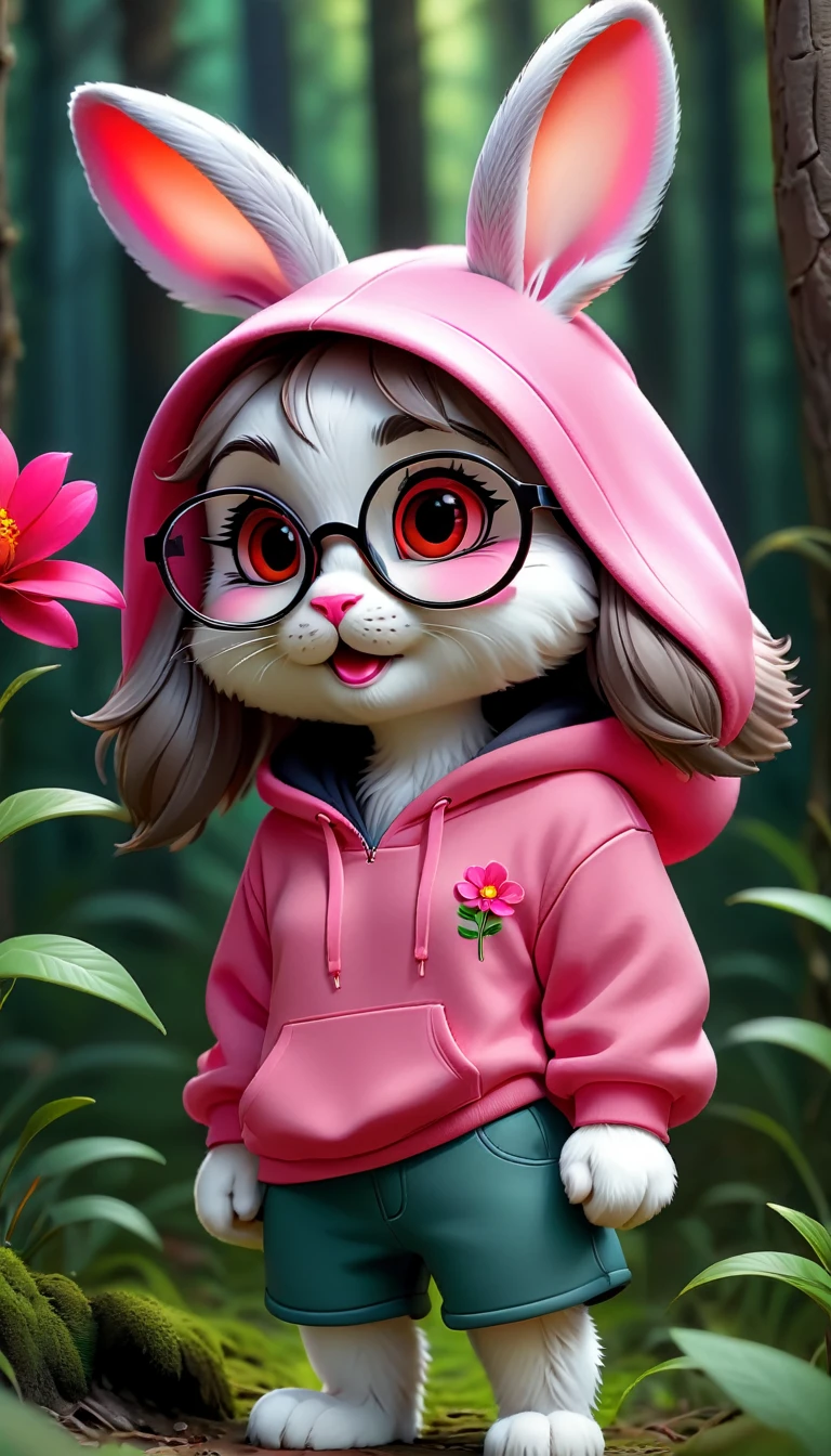Cute rabbit，hairy，Wearing a pink hoodie,Wearing cute glasses。It is female，Because there is a bright red flower on its head.。Stroll through the forest where various animals live.,, Disney and Pixar style, cute numbers, comic characters, 3D rendering, bright lights, bright colors,High level of image quality、for a great job