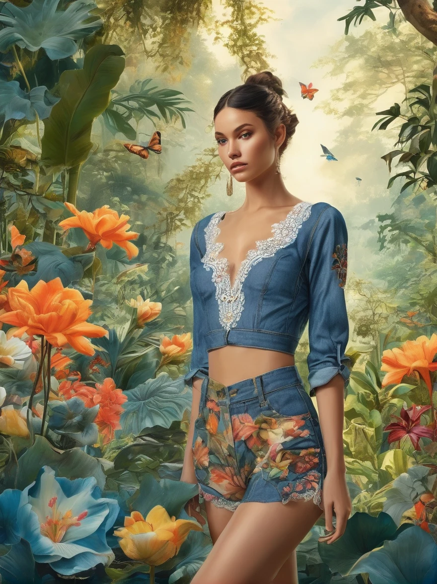 Beautiful full body photo of a western woman wearing denim blue sexy lace trim crop top at Victoria's Secret fashion show in summer tropical flower forest,subtropical flowers and plants,Perfectly symmetrical body shape,symmetrical face,complex,elegant,Very detailed,8K,post processing,number,Trending on pinterest,Harper Bazaar,concept art,sharp focus,illustration,by Art Jem,Tom Bagshaw,Lawrence Alma Tadema,Greg Rutkoski,Norman Rockwell,golden ratio,gentle smile,National Science Foundation,