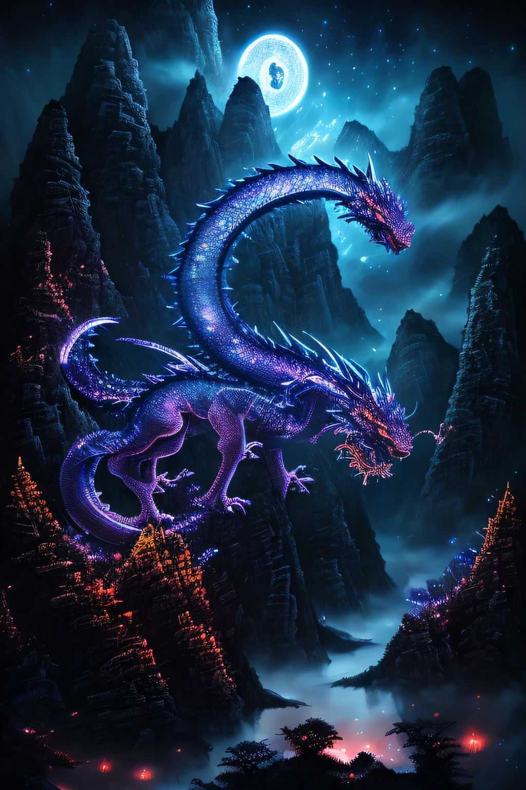 chinese dragon, majestic night, detailed scales, glowing eyes, swirling clouds, powerful presence, mystical aura, mystical artwork, traditional artistry, vivid colors, atmospheric lighting, ((night))