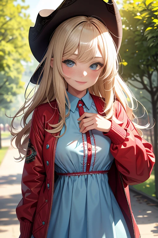 best quality, 1girl, masterpiece, best quality, 8k, detailed skin texture, ((beautiful detailed face)), intricate details, long blonde hair, parted bangs, (cowboy shot), detailed blue eyes, happy face, 18 years old, neat girl, large breasts, (depth of field:1.2), blush, kind smile, ((light blue short dress)), (red plastic jacket:1.2), (red headphones), (walking in the park, half body)