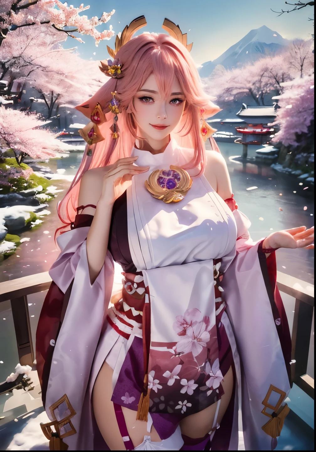 ((masterpiece, best quality)), (1girl),((mature female)), female focus, sexy, looking at viewer, bare shoulders, blush, closed mouth, fresh lips, seductive smile, detached sleeves, enchantingly hand pose, earrings, fingernails, fox ears, hair between eyes, hair bangs, pink hair, long hair, detailed realistic hair, symetrical hair ornament, japanese clothes, miko's clothes, detailed realistic clothes, jewelry, purple gemstone, detailed jewelry, short dumbbell neck, neck garter, plump breasts, breast cleavage, open skirt, see through stockings, smooth thighs cleavage, (garter thighs)!!, armpit, nontraditional miko, purple eyes, detailed eyes, (homochromatic eyes)!, cherry blossom, sidelocks, standing on the bridge, There are birds in the sky, There are butterflies, Snowy mountain in the background, magical flowers, river under the bridge, cherry blossoms, (snowstorm)!!, yae miko \(genshin impact\), (correct anatomically)!!