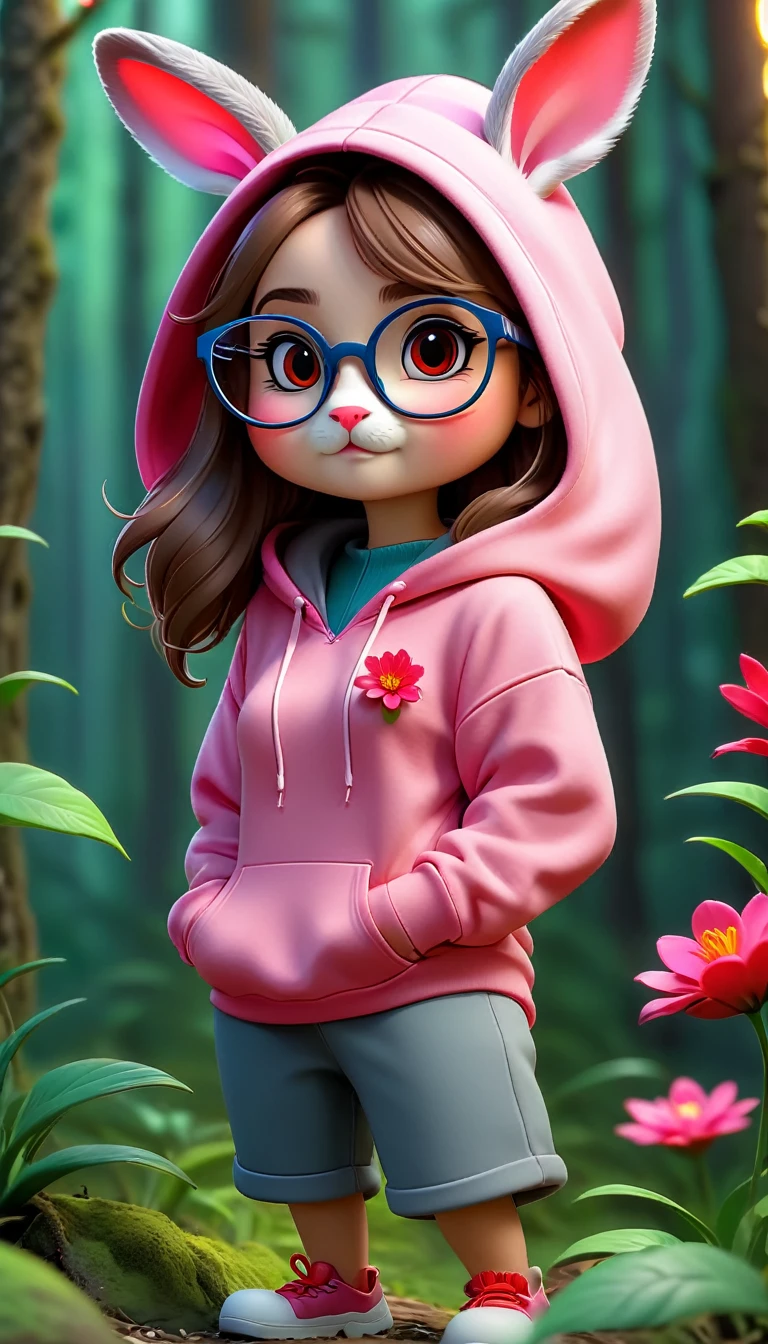 Cute rabbit,hairy,Wearing a pink hoodie,Wearing cute glasses。It is female,Because there is a bright red flower on its head.。Stroll through the forest where various animals live.,, Disney and Pixar style, cute numbers, Cartoon characters, 3D rendering, bright lights, bright colors,high level of image quality、for a great job
