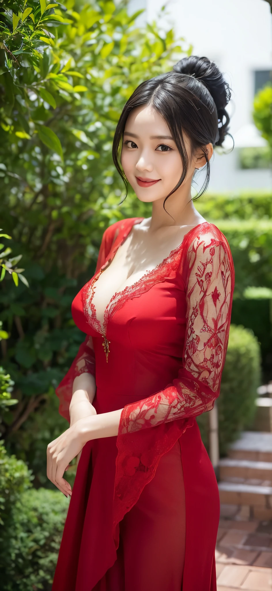 1girl,baiyi,large breast,Blue lips,smile,ponytail,realistic, 1 girl, indonesian girl, 23 years old, (black hair super-long 1 meters), (very beautiful face, very sweet, sharp eyes like an angel from heaven ), (beautiful hair), actress, smile, shiny skin, best quality, masterpiece, (photorealistic:1.4), terrace seating, asian, indonesian, jakarta, denim long skirt (realistic fabric), white short sleeves (cotton fabric), (no logo), thin fingers, a woman in a red dress posing for a picture in a courtyard, a picture by Emma Andijewska, tumblr, tachisme, sexy gown, opened dress, wearing an elegant dress, fantasy long intricate gown, sexy dress, dressed beautiful gown, red gown, wearing a magnificent dress, dressed in red lace, translucent dress, extravagant dress, see through dress