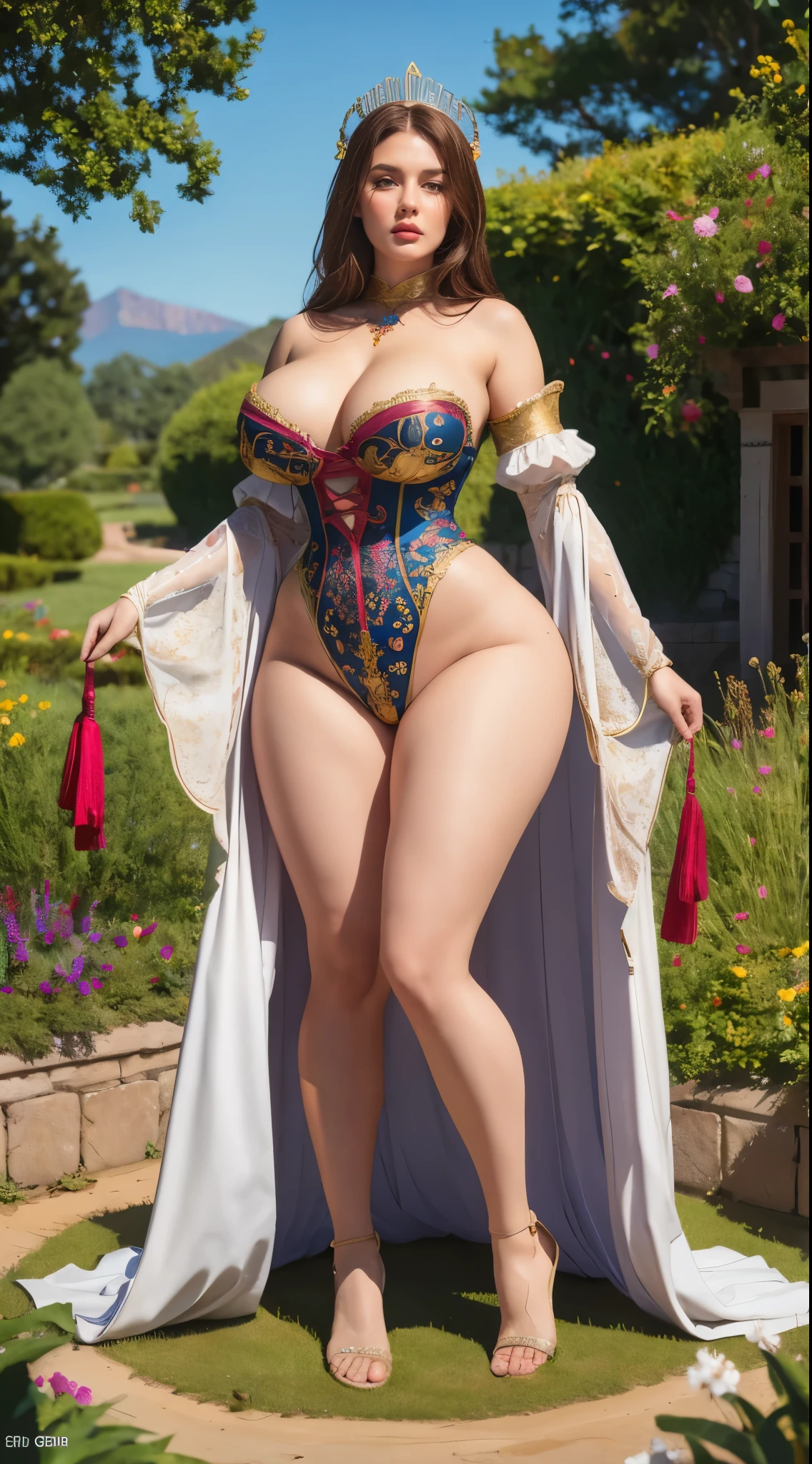 (m1n1jello:0.6), wide hips, curvy, pawg, large breasts, thick thighs, standing, close shoot, from below, in a garden, slim, slender, (masterpiece), (best quality:1.2), absurdres, intricate details, (highly detailed skin:1.2),, photorealistic, beautiful women, best quality, (masterpiece:1.3), closed mouth,(highly detailed face:1.3), perfect face, full lips, full body view, queen costum, on castile
Base Negative 2.0,,jewelry