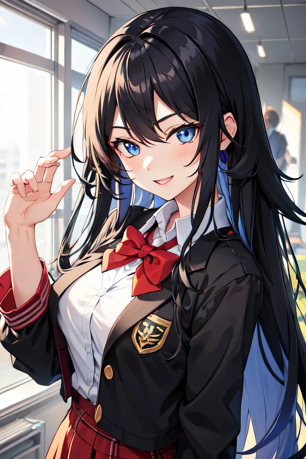 girl,in school,school outfit,long hair,twintai hairstyle,black hair,blue eyes,medium tits,smile expression