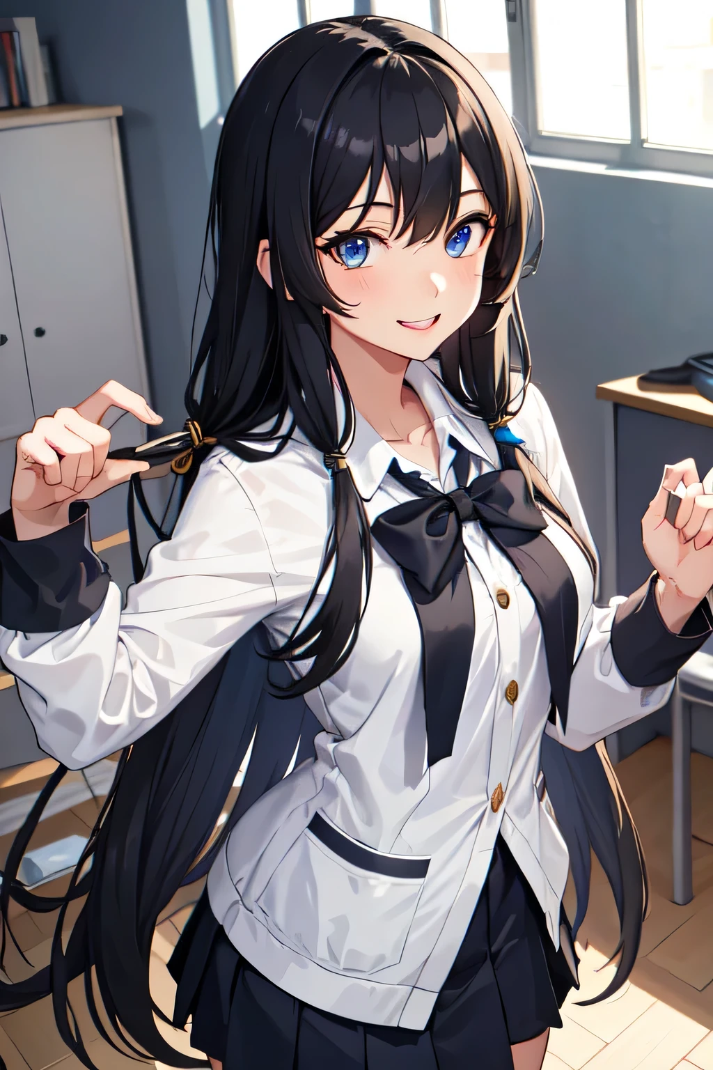 best quality, extremely detailed,anime style 1girl,long hair down to the waist, straight hair, ((((dark black hair with bluish)))),crown braid,beautiful detailed eyes, pinched eyes, (((dark blue eyes))),((huge breasts)),curvy,((((cool business suit)))),white jacket,Fine decoration,clothing with complex patterns,((((laboratory)))),((Detailed background)),((Comfortable posture)),dynamic angle,((((teatime)))),sitting,((light smile))