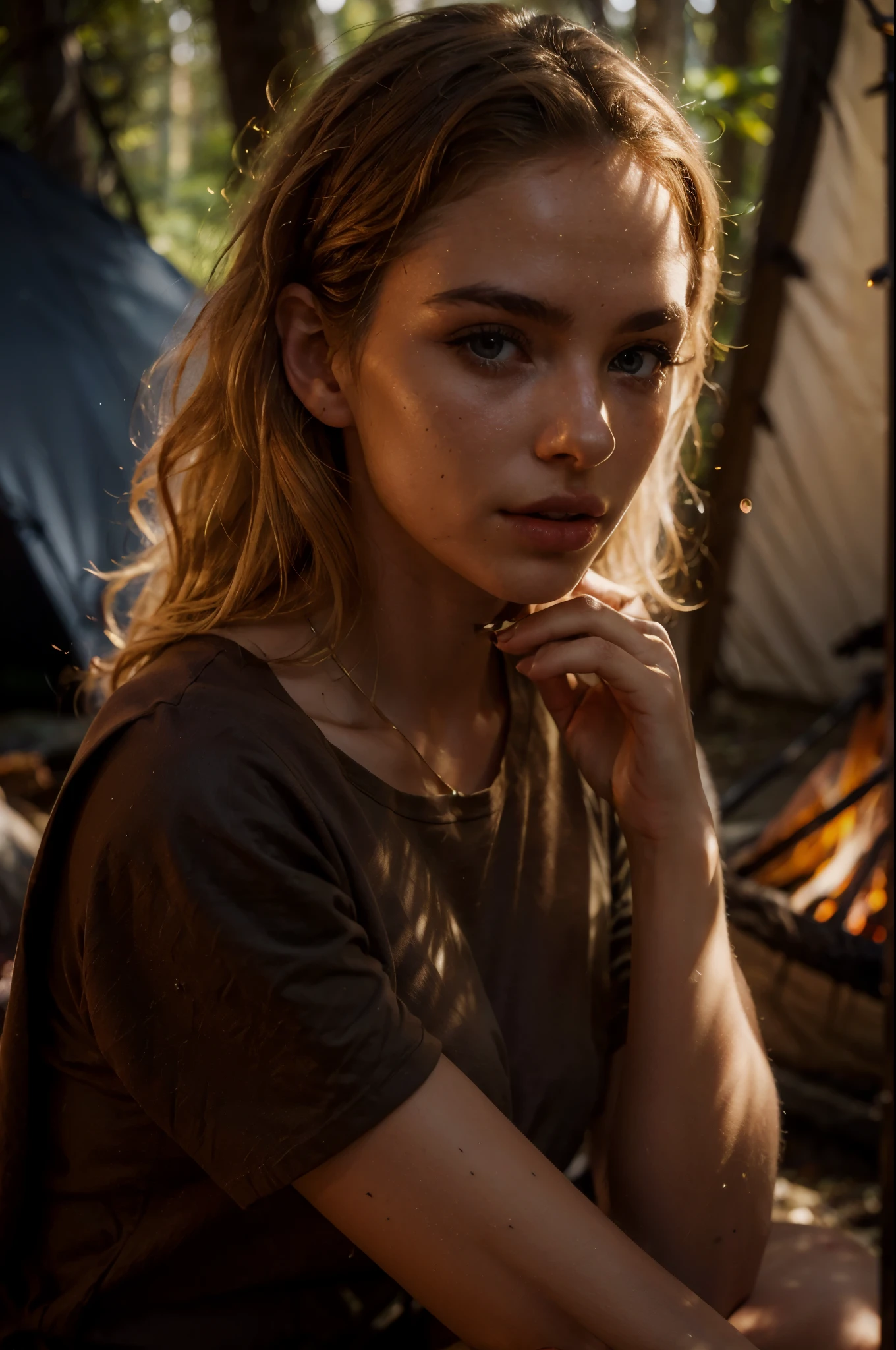 masterpiece, best quality, extremely detailed, hyperrealistic, photorealistic, a beautiful 20s french model, warm hue, warm tone, in the night:1.2, with stars and milky way trails:1.1, sitting near campfire, in a forest, real steam visible, smoke, shadows, tent, darkgray t-shirt:1.2, ultra detailed face:1.1, forehead, blonde hair, pale skin, busty breasts, tongue out