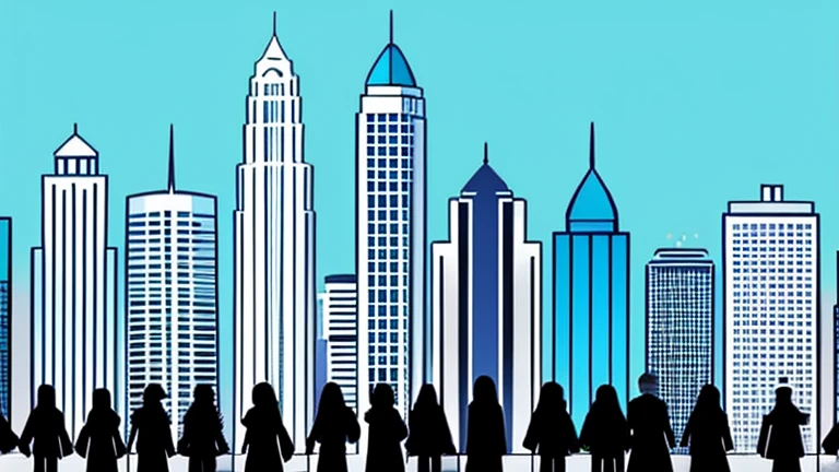 With a row of skyscrapers in the background、Illustration of pictograms lined up。Pictograms are for men and women。10More people in line。