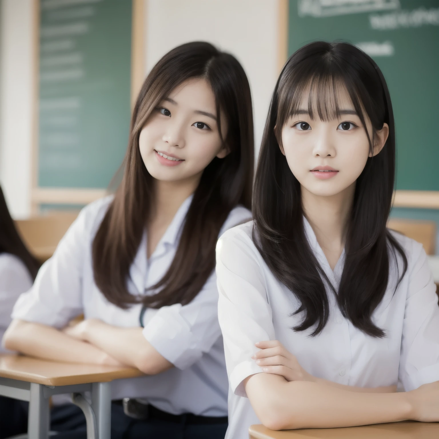 beautiful korean girls wearing . sitting in the classroom