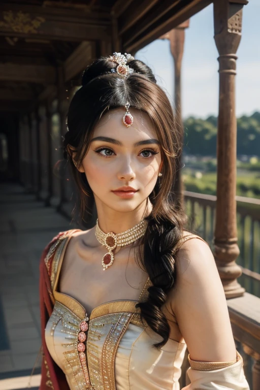 Beautiful young princess wearing indian dress in a detailed palace background (8K,highest quality,master piece:1.2),(realistically,realistically,realistic:1.37),2 girls,hyper detail,Beautiful detailed eyes Beautiful detailed nose,Completely naked,Highlights,((stand up)),roof,handrail,Small town,pylons,utility pole,plant,Front lens