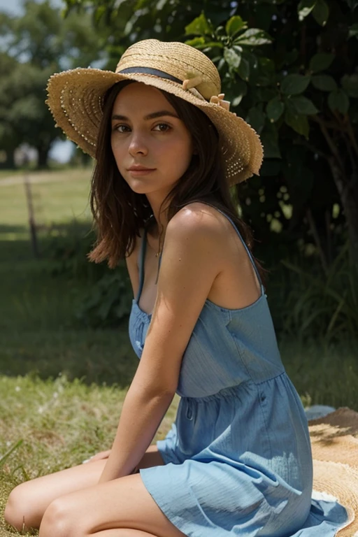 jeune femme de 25 ans, brune aux yeux bleus, in summer dress and with a straw hat. marchant dans l'herbe