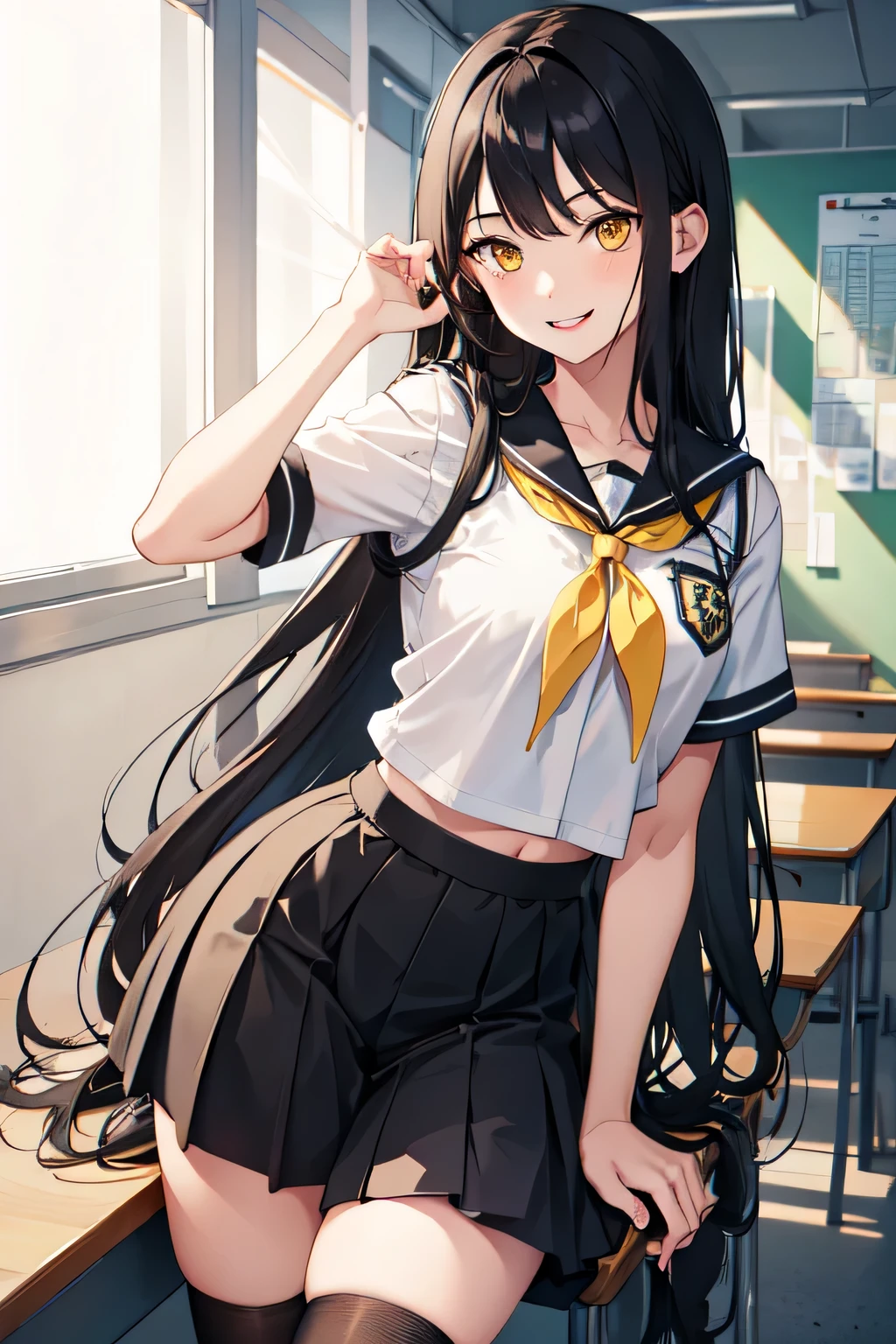 girl,in school,school outfit,long hair,black hair,yellow eyes,medium tits,smile expression
